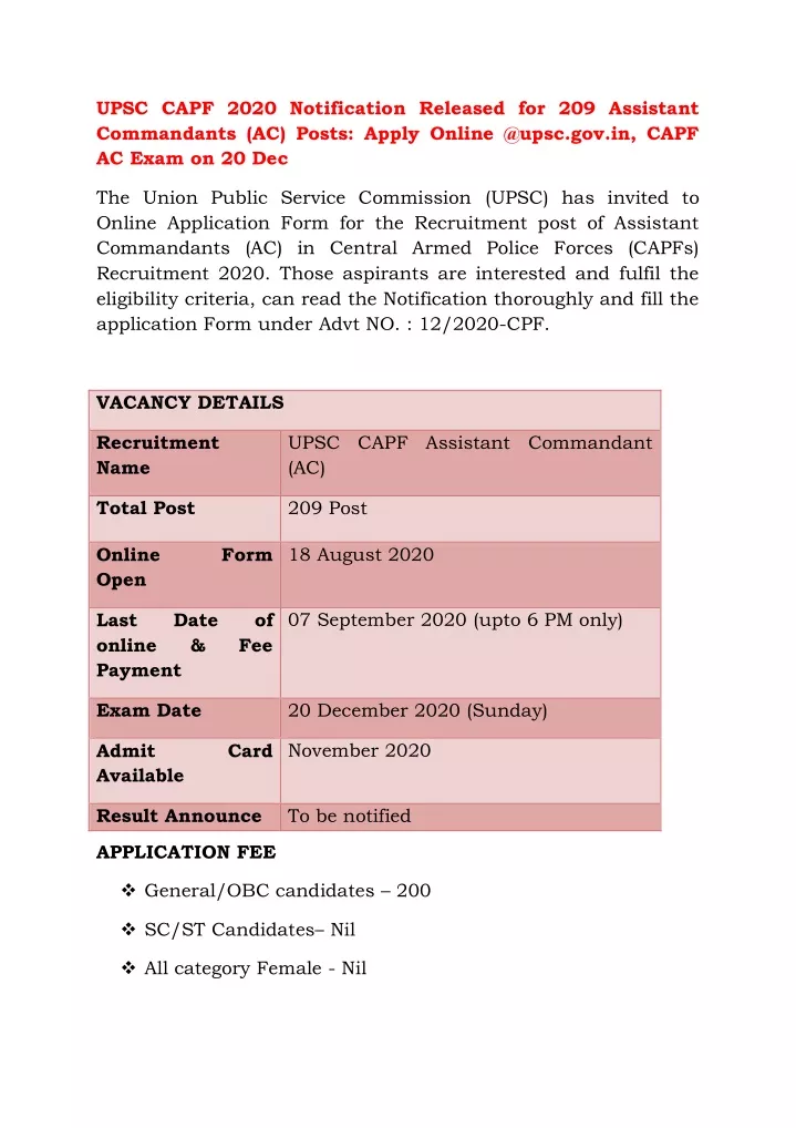 PPT UPSC CAPF 2020 Notification Released For 209 Assistant