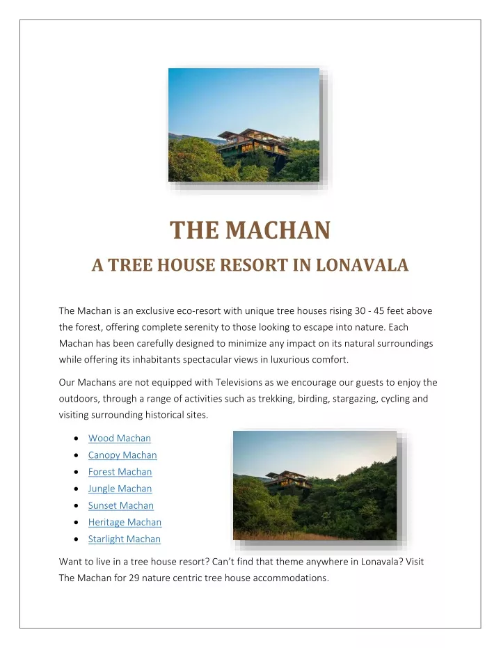 PPT Luxury Resort In Lonavala 45 Feet Tree Houses The Machan