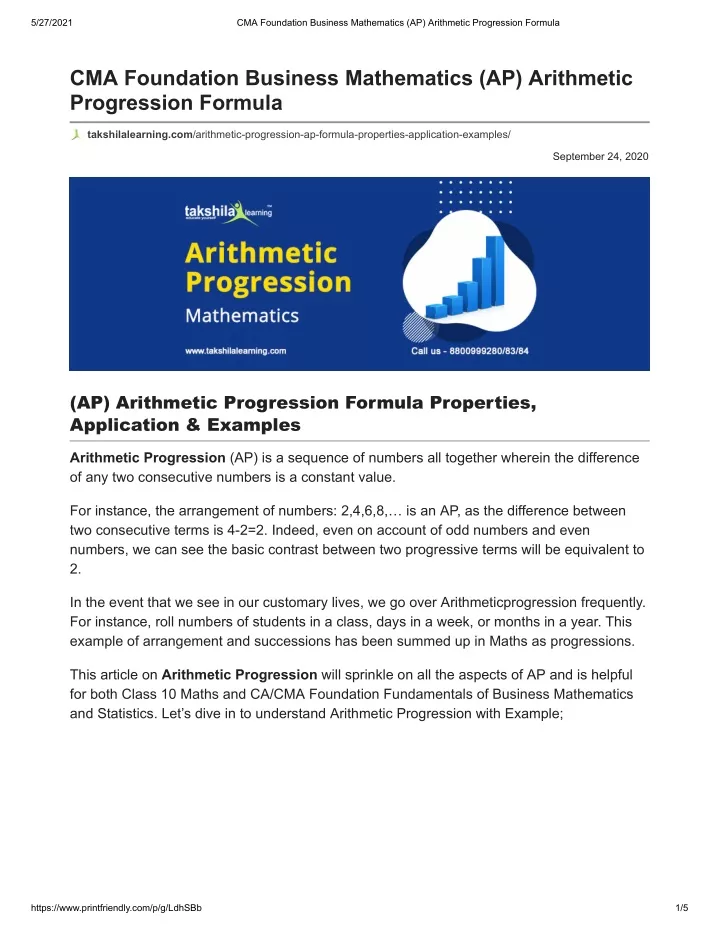 Ppt Cma Foundation Business Mathematics Arithmetic Progression