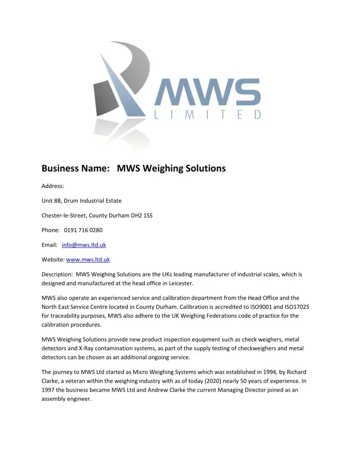business name mws weighing solutions