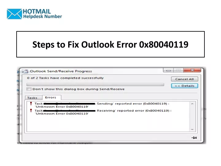 steps to fix outlook error 0x80040119