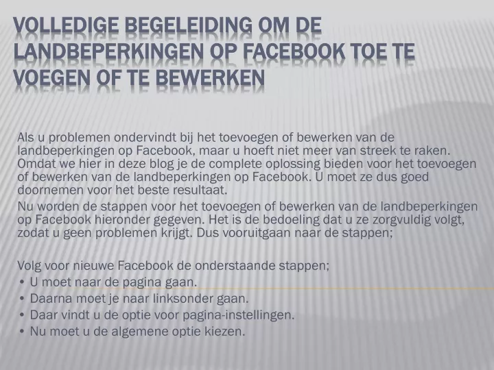 volledige begeleiding om de landbeperkingen op facebook toe te voegen of te bewerken