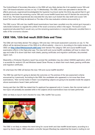 CBSE tenth, 12th Outcome 2020 Day and Time: Class 10th, twelfth board Test final results very likely to be declared on J