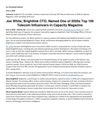 Joe White, Brightlink CTO, Named One of 2020s Top 100 Telecom Influencers in Capacity Magazine