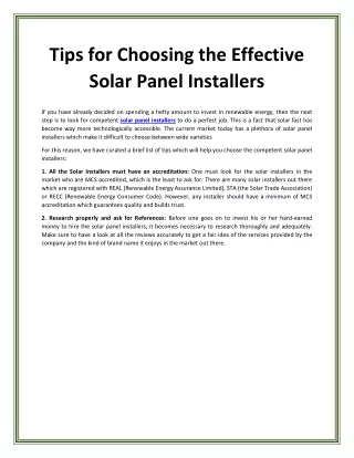 Tips for Choosing the Effective Solar Panel Installers