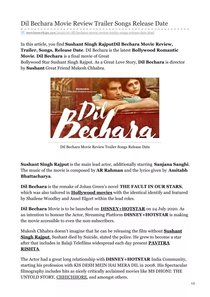 dil bechara movie review trailer songs release