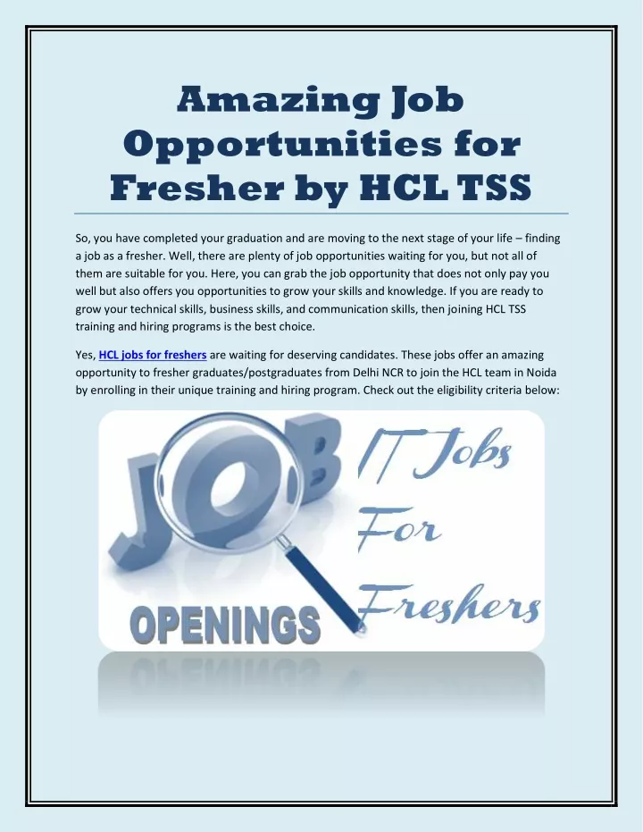 amazing job opportunities for fresher by hcl tss