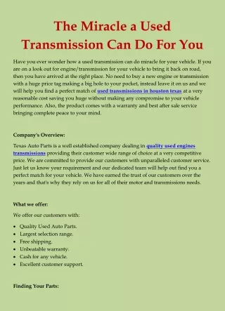 The Miracle a Used Transmission Can Do For You