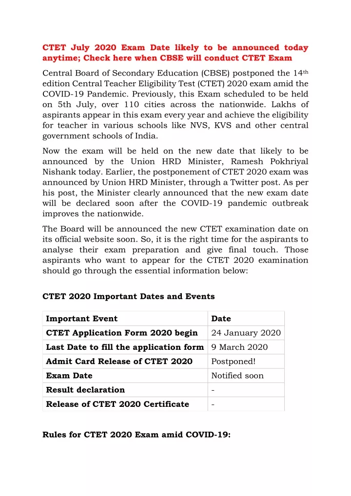 ctet july 2020 exam date likely to be announced