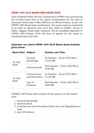 uppsc apo 2018 mains new exam date