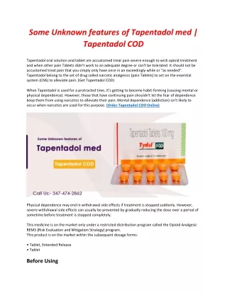 Some Unknown features of Tapentadol med | Tapentadol COD