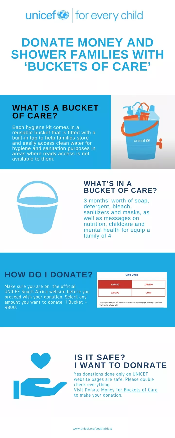 donate money and shower families with buckets