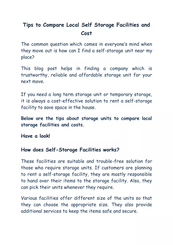 tips to compare local self storage facilities