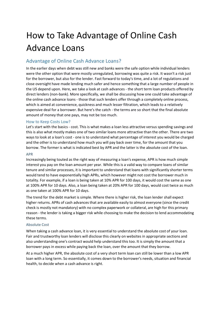 how to take advantage of online cash advance loans
