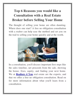 Top 6 Reasons you would like a Consultation with a Real Estate Broker before Selling Your Home