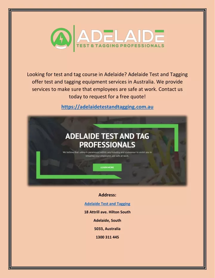 looking for test and tag course in adelaide