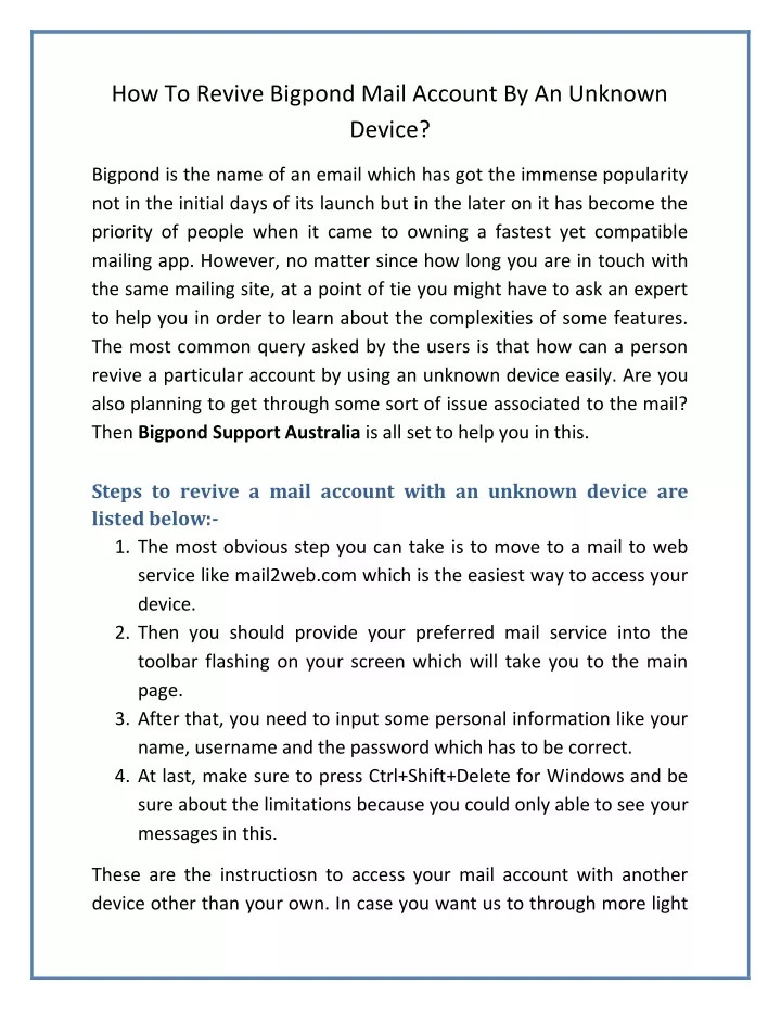 how to revive bigpond mail account by an unknown