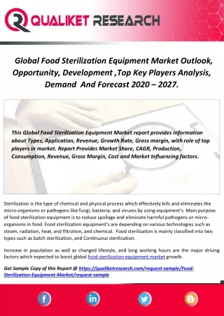 Global Food Sterilization Equipment Market Outlook, Opportunity, Development,Top Key Players Analysis,Demand  And Foreca