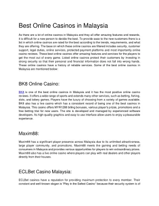 Best Online Casinos in Malaysia
