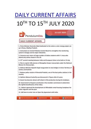 daily current affairs 10 th to 15 th july 2020