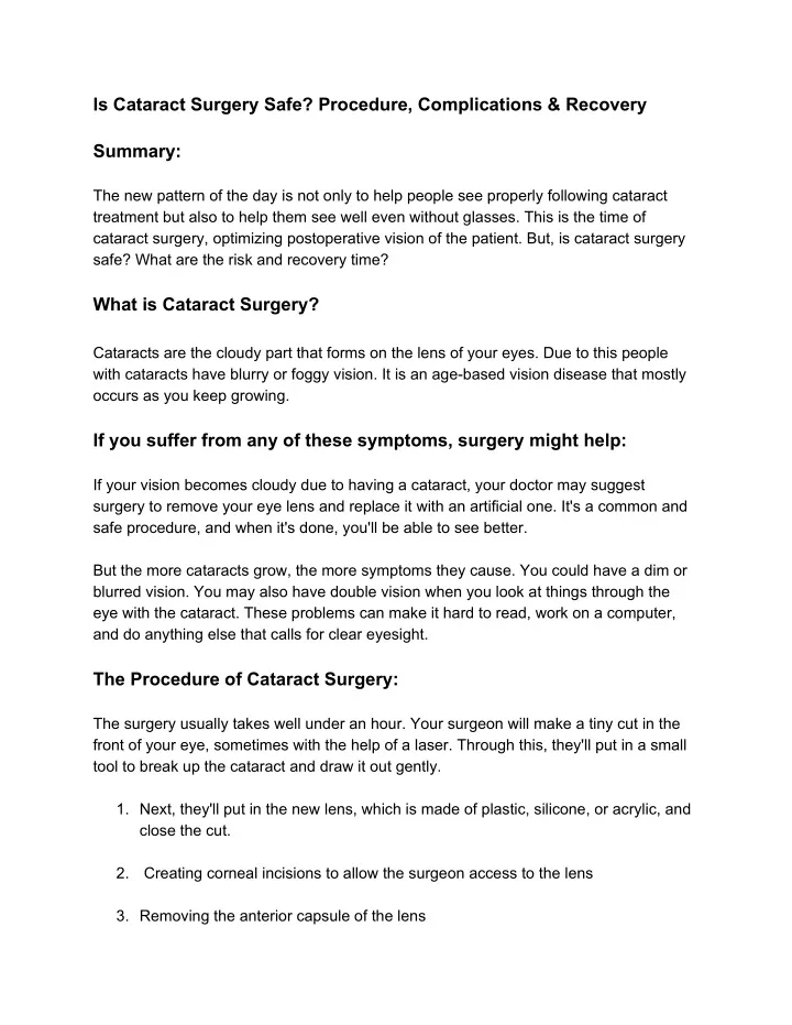 is cataract surgery safe procedure complications