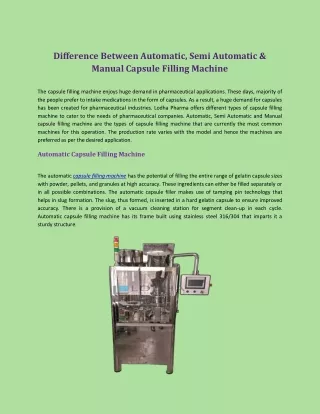 Difference Between Automatic, Semi Automatic & Manual Capsule Filling Machine