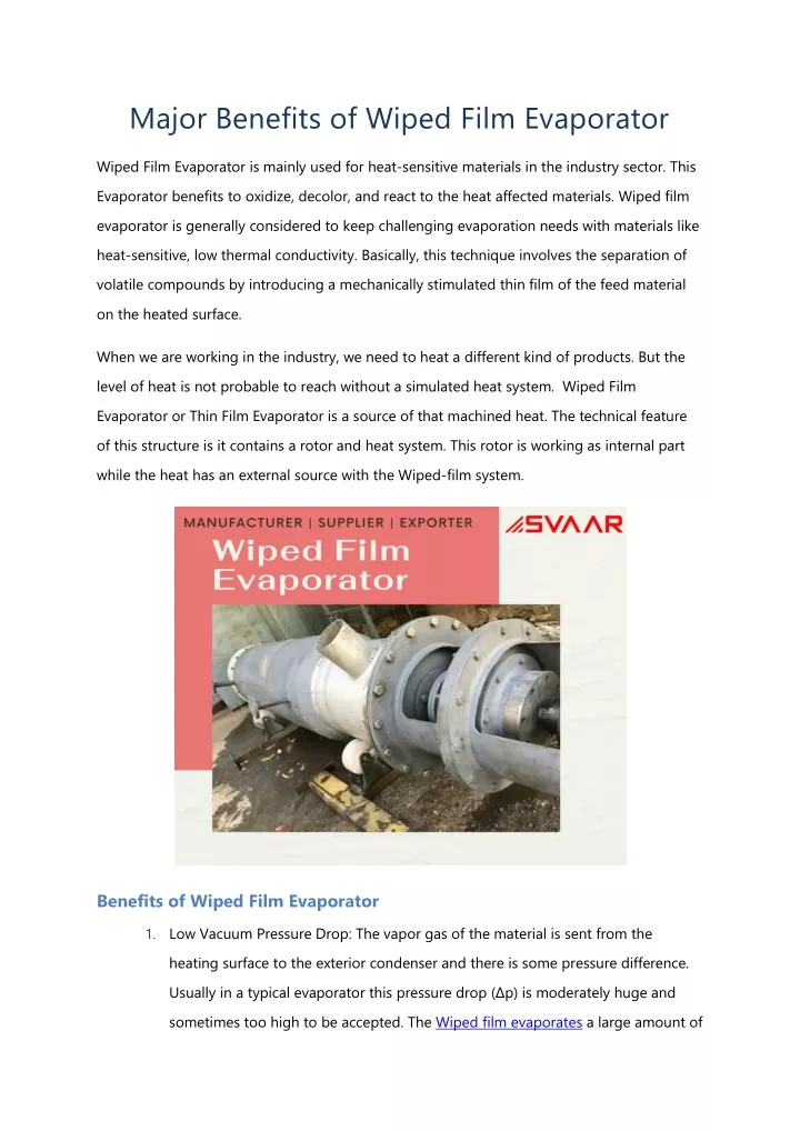 major benefits of wiped film evaporator