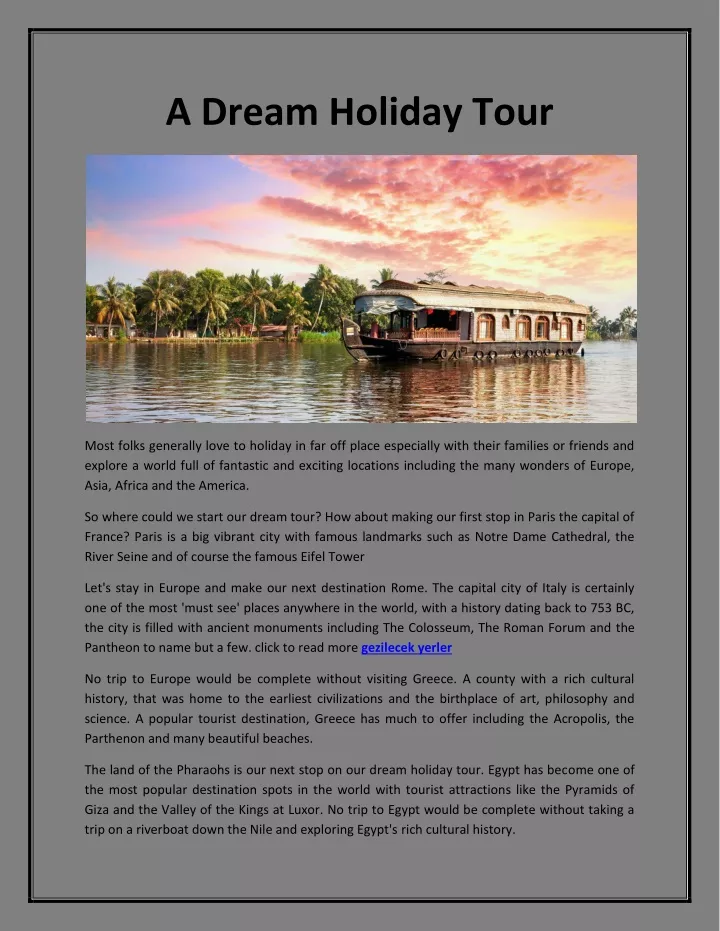 a dream holiday tour