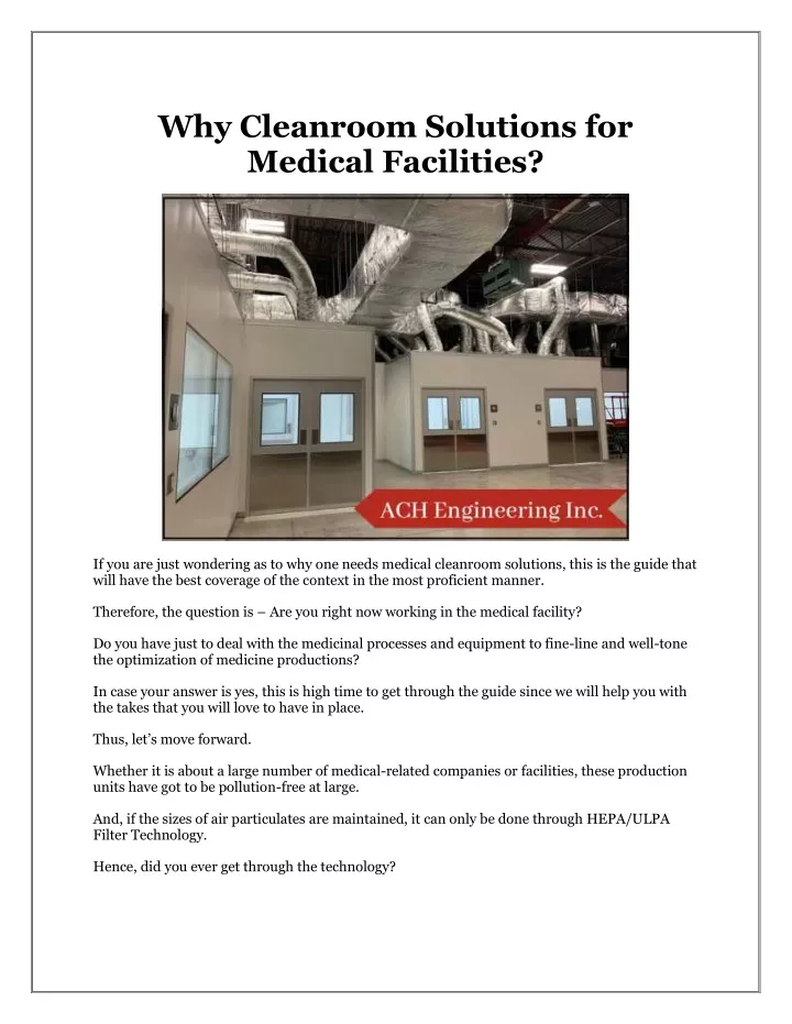why cleanroom solutions for medical facilities