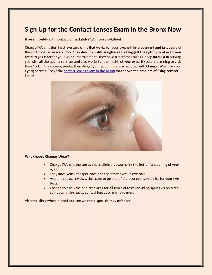 sign up for the contact lenses exam in the bronx