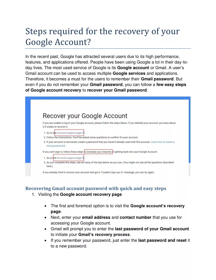 steps required for the recovery of your google