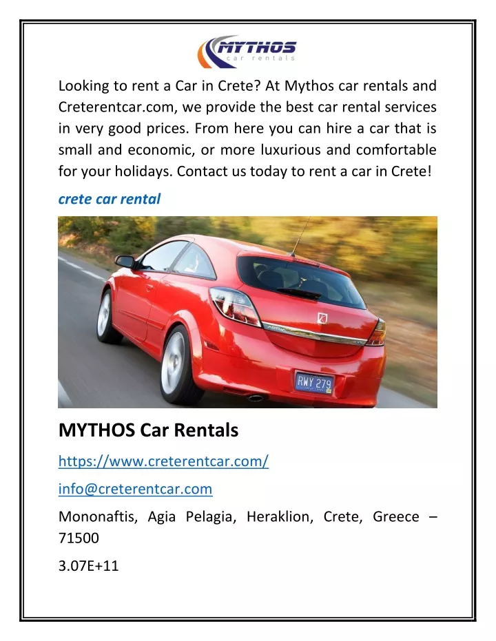 looking to rent a car in crete at mythos