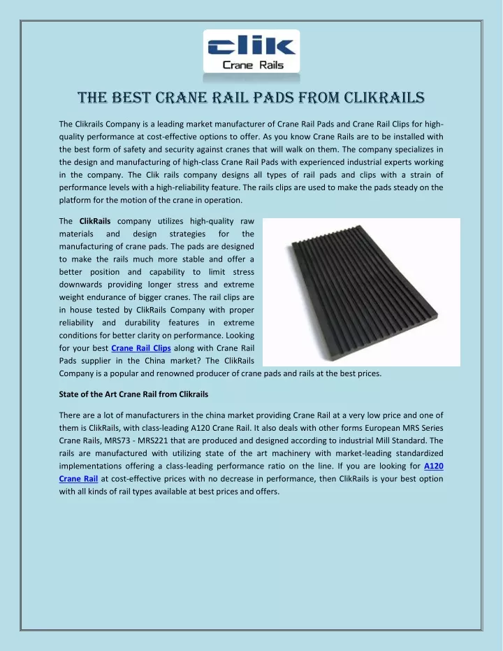 the best crane rail pads from clikrails