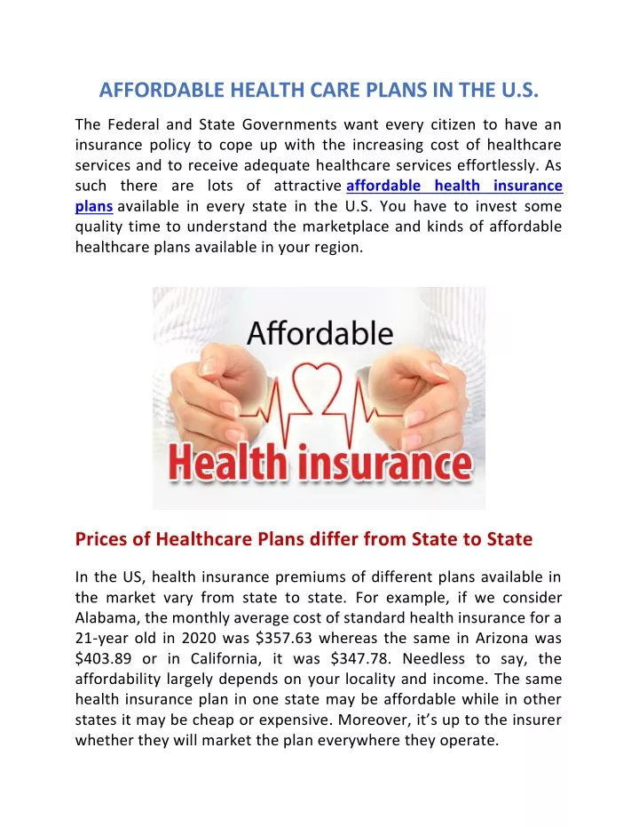 affordable health care plans in the u s