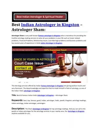 Best Indian Astrologer in Kingston – Astrologer Sham: