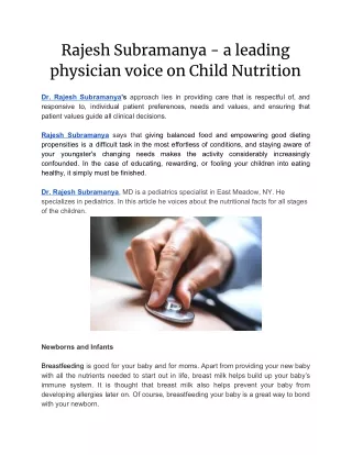 Rajesh Subramanya - a leading physician voice on Child Nutrition