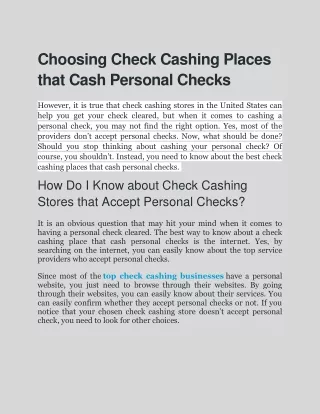 choosing check cashing places that cash personal
