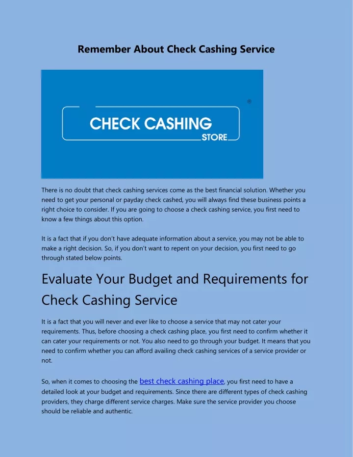 remember about check cashing service