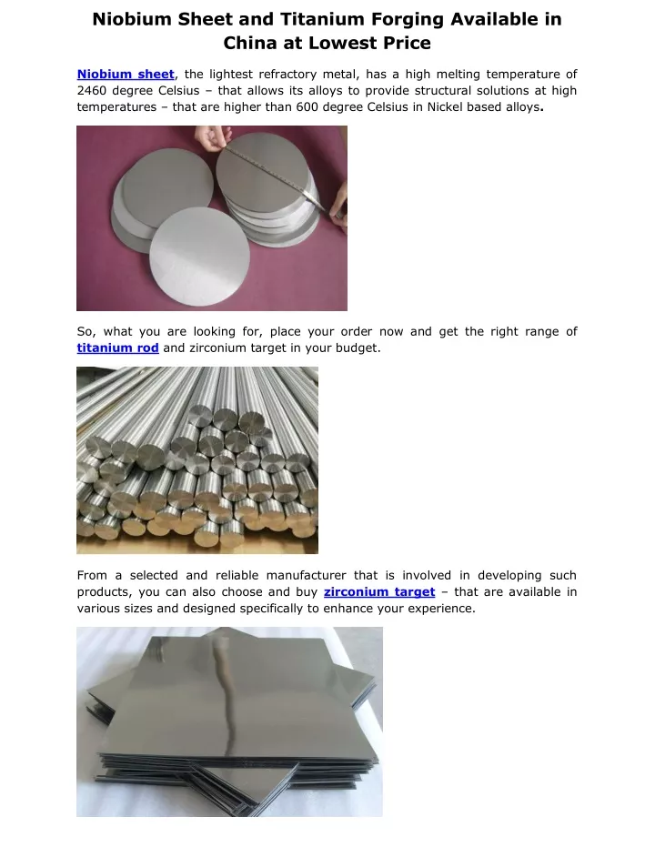 niobium sheet and titanium forging available