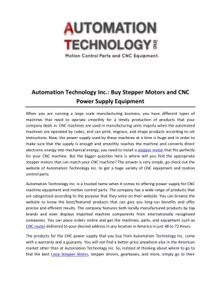 Automation Technology Inc- Buy Stepper Motors and CNC Power Supply Equipment