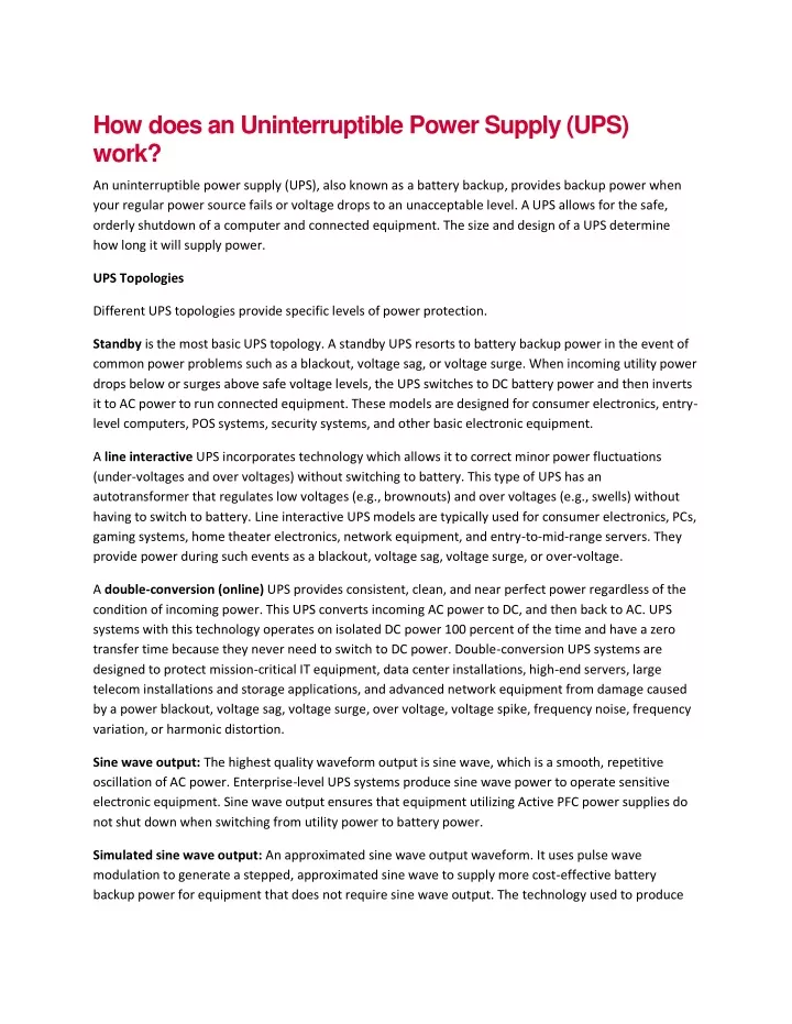 how does an uninterruptible power supply ups work