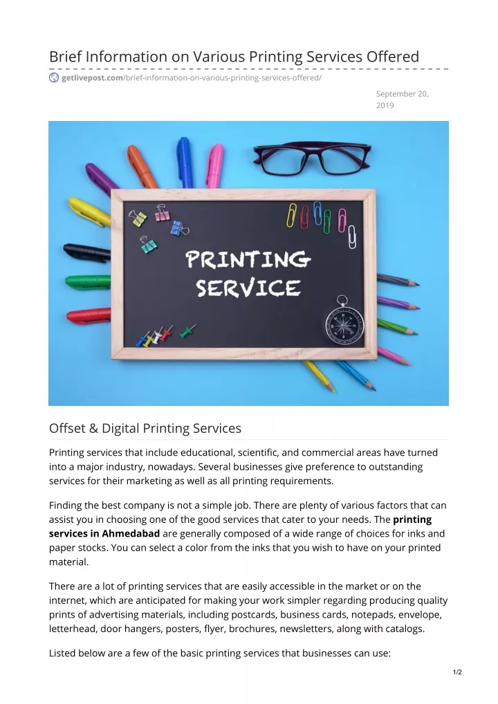 brief information on various printing services