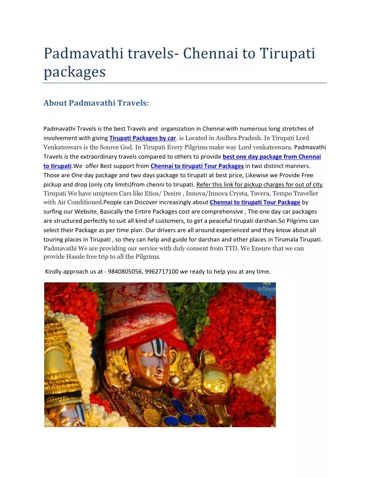 padmavathi travels chennai to tirupati packages