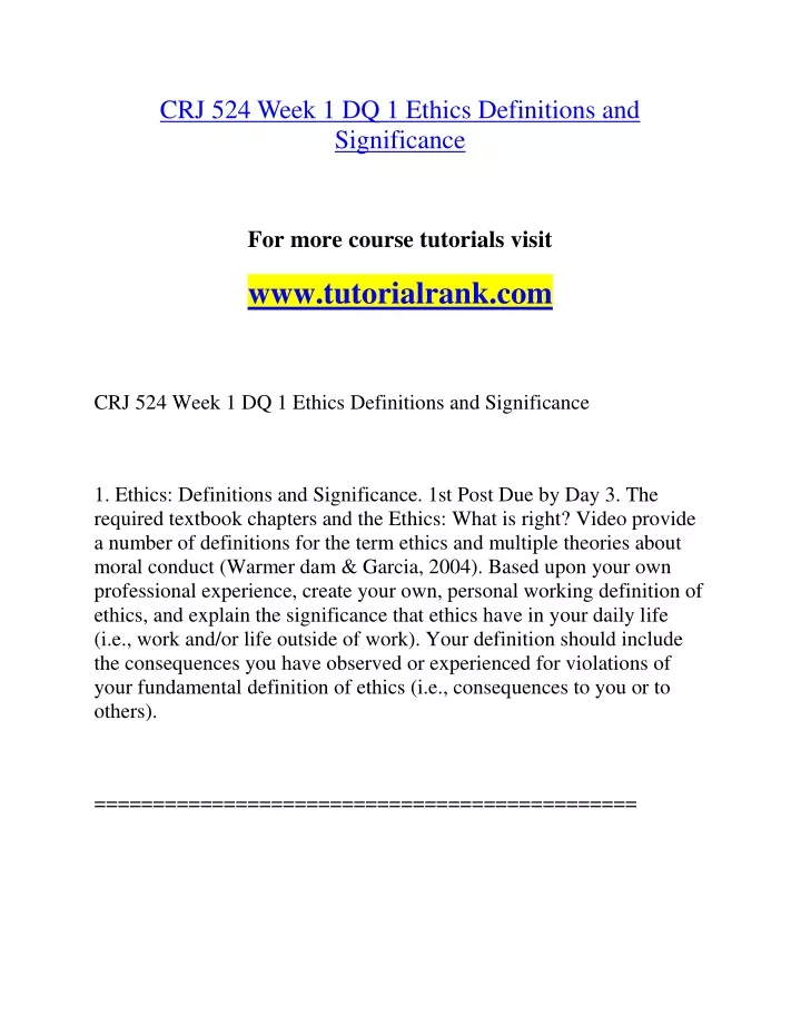 crj 524 week 1 dq 1 ethics definitions