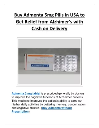 Buy Admenta 5mg Pills in USA to Get Relief from Alzhimer's with Cash on Delivery