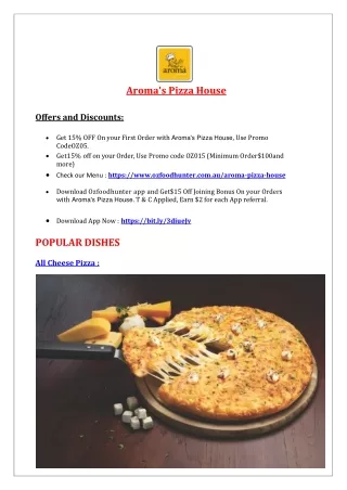 15% Off - Aroma's Pizza House Menu - Pizza Restaurant Golden Grove, SA
