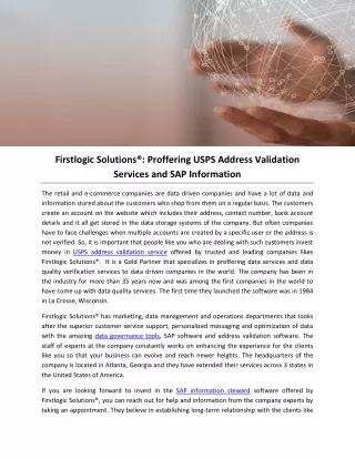 Firstlogic Solutions®: Proffering USPS Address Validation Services and SAP Information