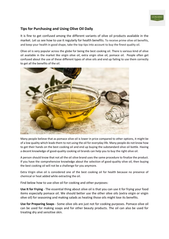 tips for purchasing and using olive oil daily