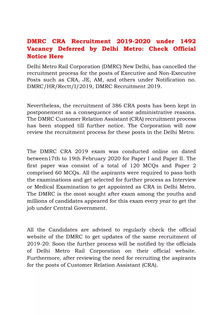 dmrc cra recruitment 2019 2020 under 1492 vacancy