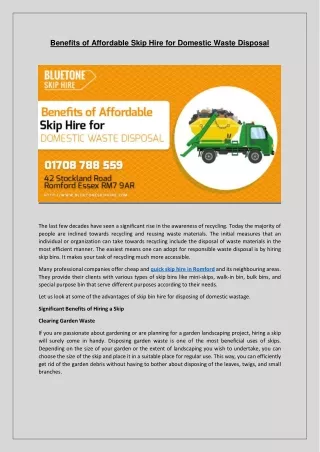 Benefits of Affordable Skip Hire for Domestic Waste Disposal